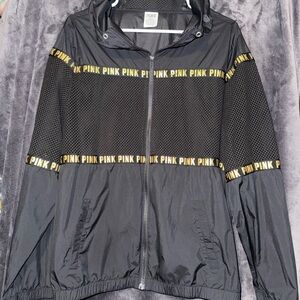 PINK Victoria's Secret Black Gold Logo Zip Mesh Hooded Windbreaker Jacket Sz M